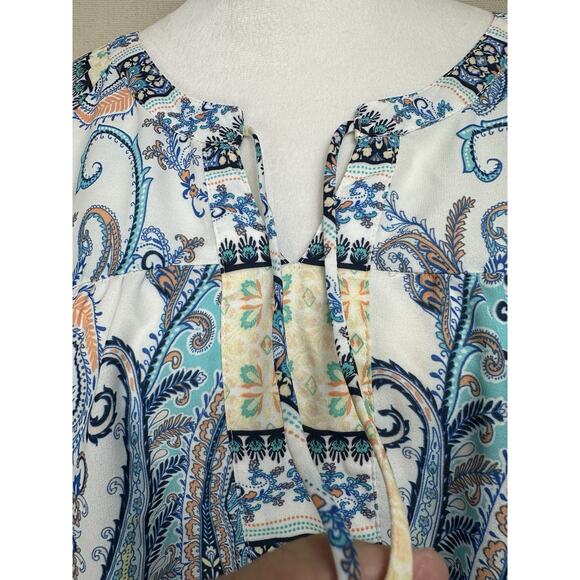 Valerie Stevens Women's colorful peasant bohemian Blouse M Lace Back Tie Front - Picture 3 of 13